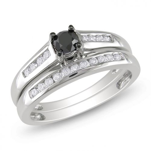  Miadora 14k White Gold 12ct TDW Black and White Diamond Bridal Ring Set by Miadora