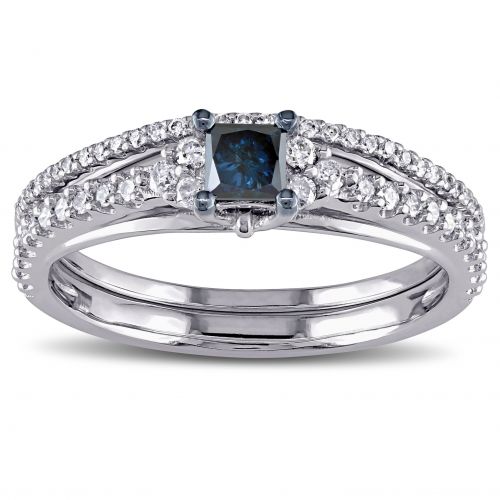  Miadora 10k White Gold 35ct TDW Princess-cut Blue and White Diamond Bridal Ring Set by Miadora