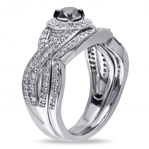  Miadora Sterling Silver 1ct TDW Black and White Diamond Bridal Ring Set by Miadora