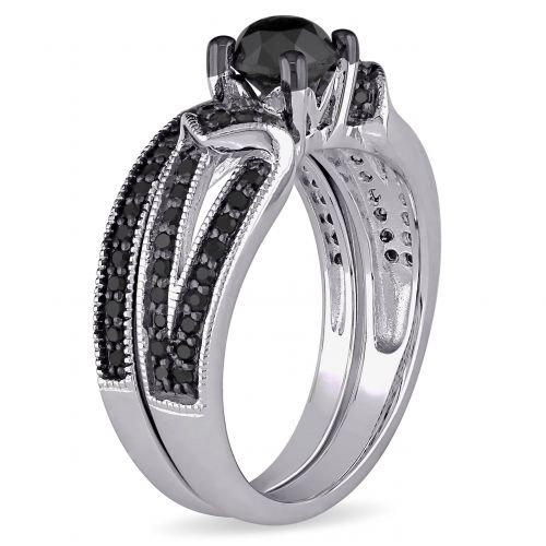  Miadora Sterling Silver 1 18ct TDW Black Diamond Bridal Ring Set by Miadora