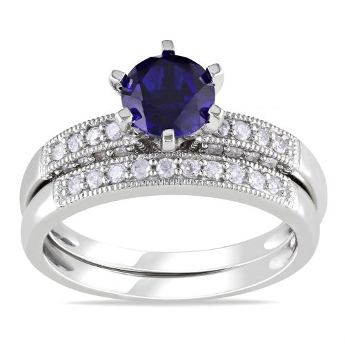  Miadora 10k Gold Created Sapphire and 13ct TDW Diamond Bridal Ring Set (H-I, I2-I3) by Miadora