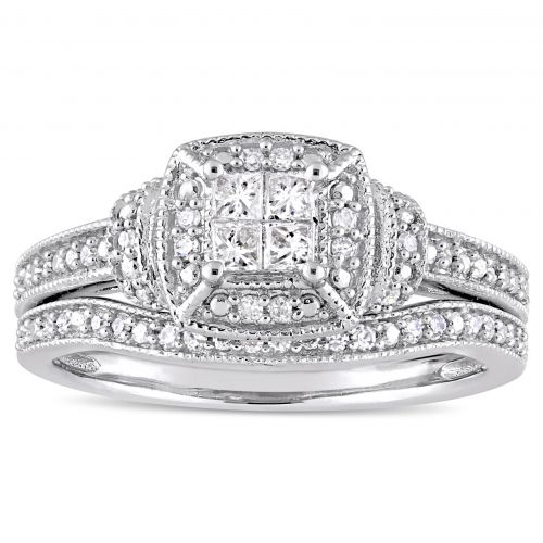  Miadora Signature Collection 10k White Gold 13ct TDW Princess and Round-Cut Diamond Quad Halo Bridal Set by Miadora