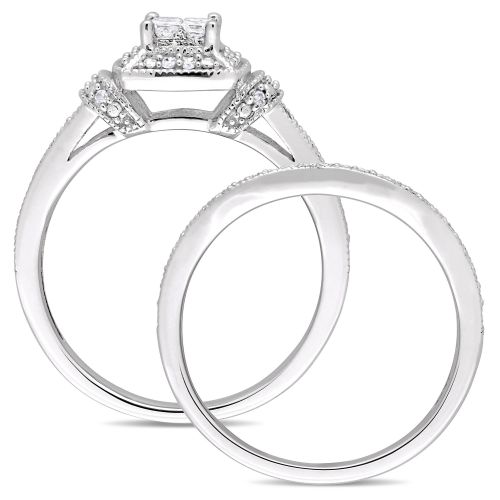  Miadora Signature Collection 10k White Gold 13ct TDW Princess and Round-Cut Diamond Quad Halo Bridal Set by Miadora