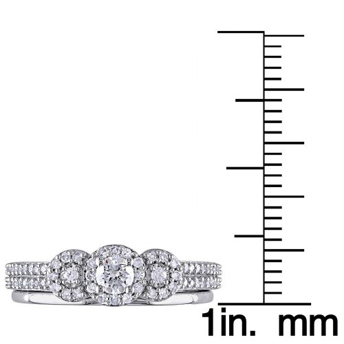  Miadora 10k White Gold 12ct TDW Diamond 3-stone Halo Bridal Ring Set by Miadora