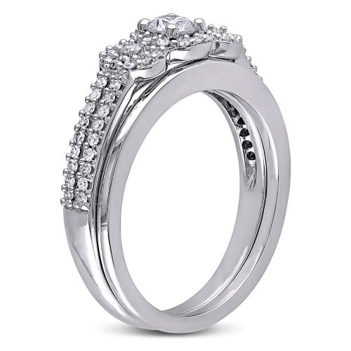  Miadora 10k White Gold 12ct TDW Diamond 3-stone Halo Bridal Ring Set by Miadora