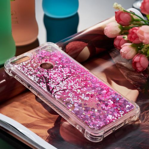  Miagon Fluessig Huelle fuer Huawei P Smart,Glitzer Weich Treibsand Handyhuelle Glitter Quicksand Silikon TPU Bumper Schutzhuelle Case Cover-Rosa Kirschblueten