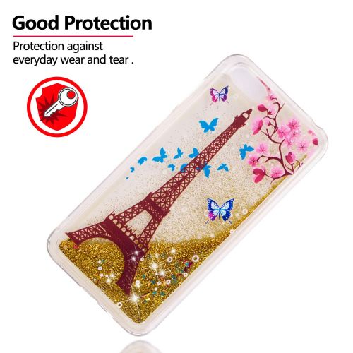  Miagon Fluessig Huelle fuer Huawei Y5 2018,Glitzer Weich Treibsand Handyhuelle Glitter Quicksand Silikon TPU Bumper Schutzhuelle Case Cover-Gold Turm Blume