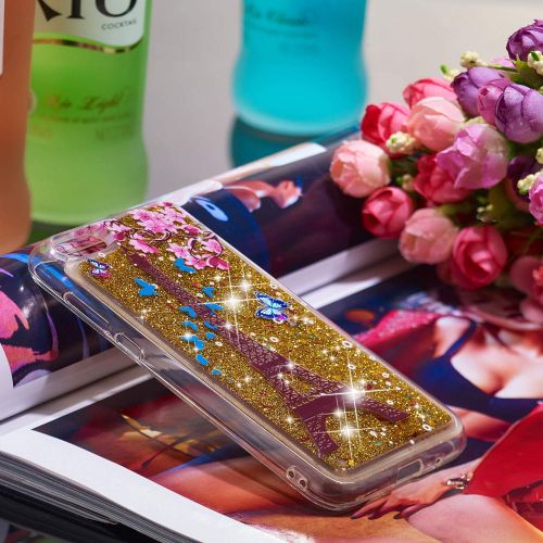  Miagon Fluessig Huelle fuer Huawei Y5 2018,Glitzer Weich Treibsand Handyhuelle Glitter Quicksand Silikon TPU Bumper Schutzhuelle Case Cover-Gold Turm Blume