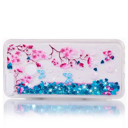  Miagon Fluessig Huelle fuer Huawei Honor 9 Lite,Glitzer Weich Treibsand Handyhuelle Glitter Quicksand Silikon TPU Bumper Schutzhuelle Case Cover-Blume Schmetterling