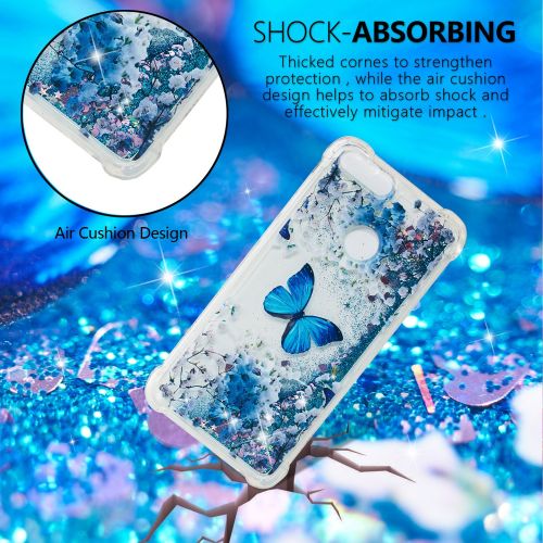  Miagon Fluessig Huelle fuer Huawei P Smart,Glitzer Weich Treibsand Handyhuelle Glitter Quicksand Silikon TPU Bumper Schutzhuelle Case Cover-Blau Schmetterling