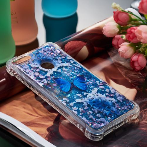  Miagon Fluessig Huelle fuer Huawei P Smart,Glitzer Weich Treibsand Handyhuelle Glitter Quicksand Silikon TPU Bumper Schutzhuelle Case Cover-Blau Schmetterling