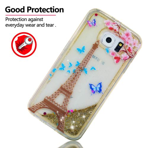  Miagon Fluessig Huelle fuer Samsung Galaxy S7 Edge,Glitzer Weich Treibsand Handyhuelle Glitter Quicksand Silikon TPU Bumper Schutzhuelle Case Cover-Gold Turm Blume