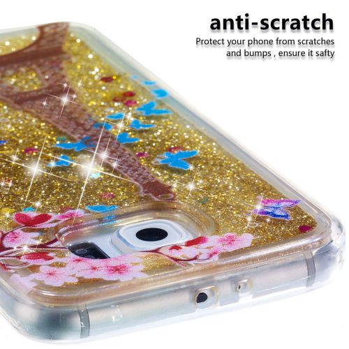  Miagon Fluessig Huelle fuer Samsung Galaxy S7 Edge,Glitzer Weich Treibsand Handyhuelle Glitter Quicksand Silikon TPU Bumper Schutzhuelle Case Cover-Gold Turm Blume