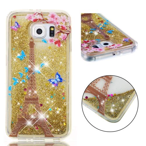  Miagon Fluessig Huelle fuer Samsung Galaxy S7 Edge,Glitzer Weich Treibsand Handyhuelle Glitter Quicksand Silikon TPU Bumper Schutzhuelle Case Cover-Gold Turm Blume