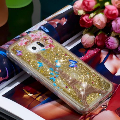  Miagon Fluessig Huelle fuer Samsung Galaxy S7 Edge,Glitzer Weich Treibsand Handyhuelle Glitter Quicksand Silikon TPU Bumper Schutzhuelle Case Cover-Gold Turm Blume