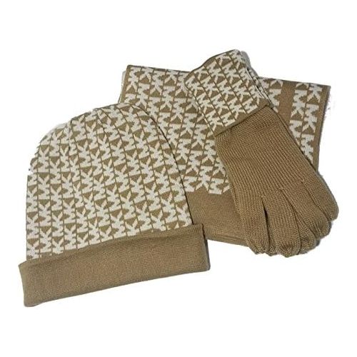 마이클 코어스 Michael Kors Womens 3 Piece Set MK Logo Scarf, Hat & Gloves, CamelCream