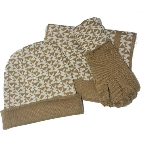 마이클 코어스 Michael Kors Womens 3 Piece Set MK Logo Scarf, Hat & Gloves, CamelCream