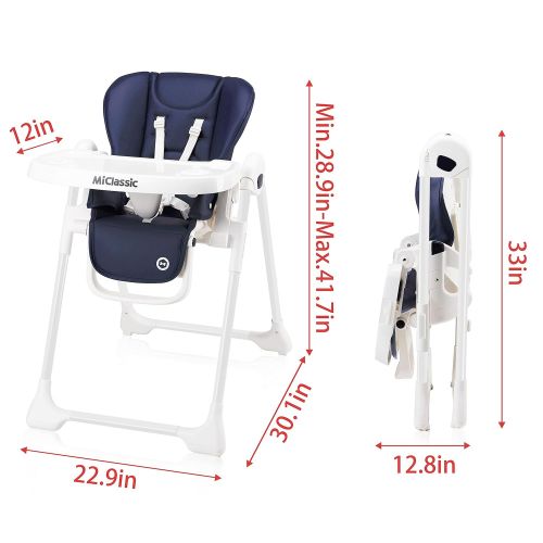  MiClassic Portable Folding High Chair with Removeable Tray, Adjustable Backrest Footrest & Height, Harness, Detachable Seat Cover(Navy Blue)