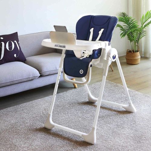  MiClassic Portable Folding High Chair with Removeable Tray, Adjustable Backrest Footrest & Height, Harness, Detachable Seat Cover(Navy Blue)