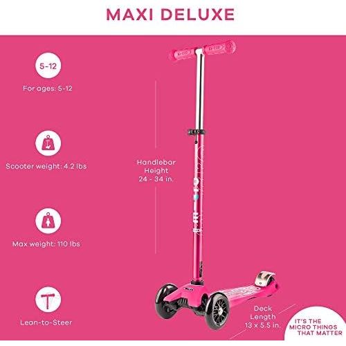  Micro Kickboard - Maxi Deluxe 3-Wheeled, Lean-to-Steer, Swiss-Designed Micro Scooter for Kids, Ages 5-12 - Pink