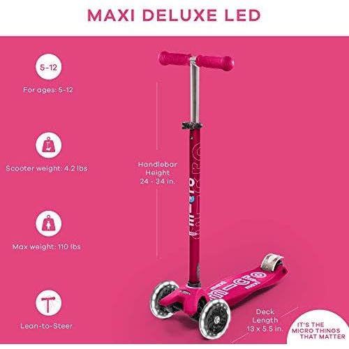  Micro Kickboard - Maxi Deluxe LED 3-Wheeled, Lean-to-Steer, Swiss-Designed Micro Scooter for Kids with LED Light-up Wheels, Ages 5-12