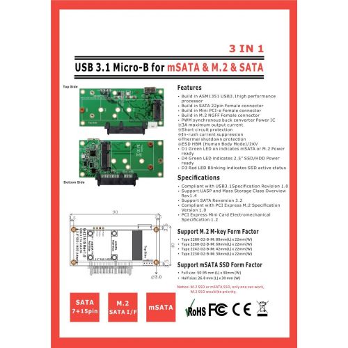  Micro SATA Cables USB 3.1 Micro B to 2.5 Inch SSDM.2mSATA SSD Adapter