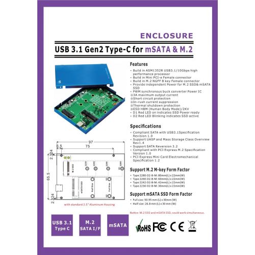  Micro SATA Cables USB 3.1 C Type to M.2 and mSATA 2.5 Inch SSD Enclosure - Simultaneous