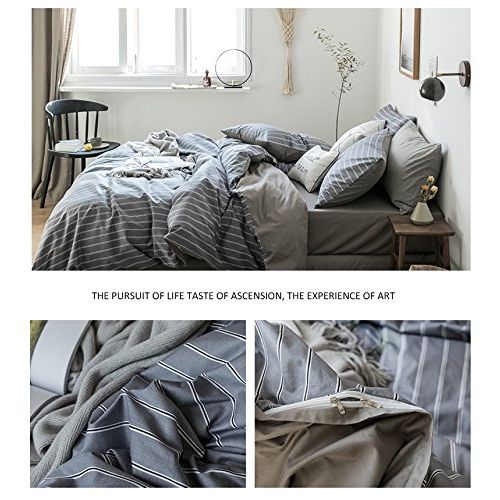  Microfiber BHUSB Gray Striped Queen Duvet Cover Sets Cotton Full Boys Men Reversible 3 Piece Full Bedding Sets with Zipper Ties Kids Grey Modern Bedding Comforter Cover for Children Girls,Gif