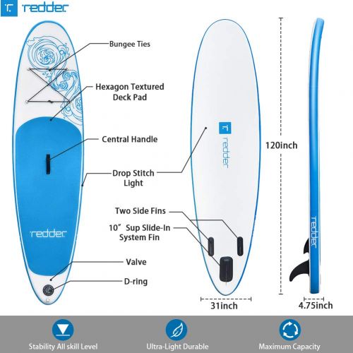  Microfiber redder Stand Up Paddle Board Inflatable SUP Board Vortex All Round Adult and Kids Paddle Board with Leash, Paddle, Backpack, Pump, Repair Kit, Non-Slip Deck | 10 Long 31 Wide 4.75