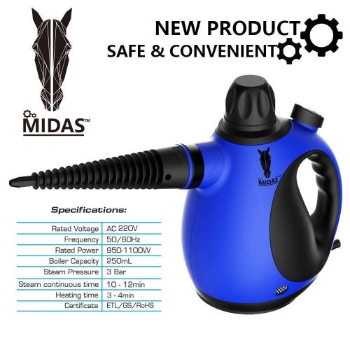  Midas Handheld Pressurized Steam Cleaner with 9-Piece Accessory Set - Multi-Purpose and Multi-Surface All Natural, Chemical-Free Steam Cleaning for Home, Auto, Patio, More