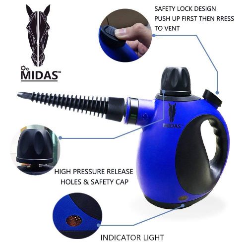  Midas Handheld Pressurized Steam Cleaner with 9-Piece Accessory Set - Multi-Purpose and Multi-Surface All Natural, Chemical-Free Steam Cleaning for Home, Auto, Patio, More