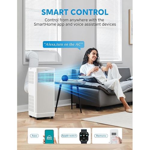  Midea 10,000 BTU ASHRAE (7,100 BTU SACC) Portable Air Conditioner Smart Control, Cools up to 300 Sq. Ft., with Dehumidifier & Fan mode, Easy- to-use Remote Control & Window Installation Kit Included