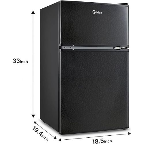  Midea WHD-113FB1 Double Door Mini Fridge with Freezer for Bedroom Office or Dorm with Adjustable Remove Glass Shelves Compact Refrigerator, 3.1 cu ft, Black