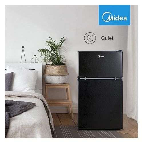  Midea WHD-113FB1 Double Door Mini Fridge with Freezer for Bedroom Office or Dorm with Adjustable Remove Glass Shelves Compact Refrigerator, 3.1 cu ft, Black