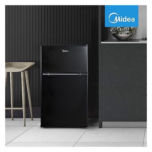  Midea WHD-113FB1 Double Door Mini Fridge with Freezer for Bedroom Office or Dorm with Adjustable Remove Glass Shelves Compact Refrigerator, 3.1 cu ft, Black
