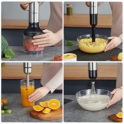  Midea MJ BH1001W 5 in 1 Stainless Steel Blender 1000 Watt 4 Piece Accessory Set Suitable for Baby Food Preparation, Mashed Potatoes, Salads, Soups and Vegetables
