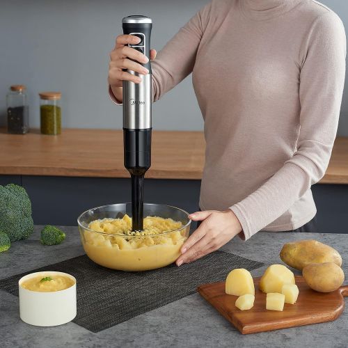  Midea MJ BH1001W 5 in 1 Stainless Steel Blender 1000 Watt 4 Piece Accessory Set Suitable for Baby Food Preparation, Mashed Potatoes, Salads, Soups and Vegetables