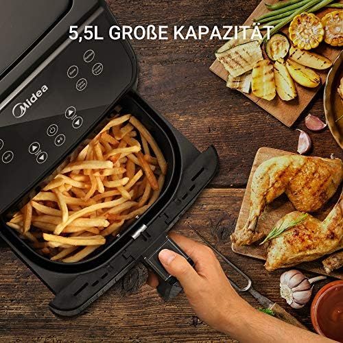  Midea MF CN55A Hot Air Fryer 5.5 L XXL Airfryer Digital Display 8 Different Programmes Free Temperature Selection from 30 to 200 °C 1700 W Black