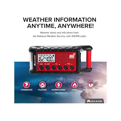  Midland - ER310, Emergency Crank Weather AM/FM Radio - Multiple Power Sources, SOS Emergency Flashlight, Ultrasonic Dog Whistle, & NOAA Weather Scan + Alert (Red/Black)