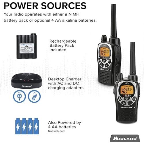  Midland GXT1000VP4 - 50 Channel GMRS Two-Way Radio - Long Range Walkie Talkie with 142 Privacy Codes, SOS Siren, and NOAA Weather Alerts and Weather Scan (Black/Silver, Pair Pack)