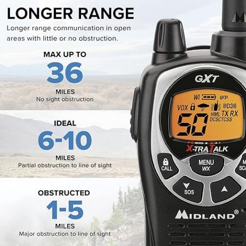  Midland GXT1000VP4 - 50 Channel GMRS Two-Way Radio - Long Range Walkie Talkie with 142 Privacy Codes, SOS Siren, and NOAA Weather Alerts and Weather Scan (Black/Silver, Pair Pack)