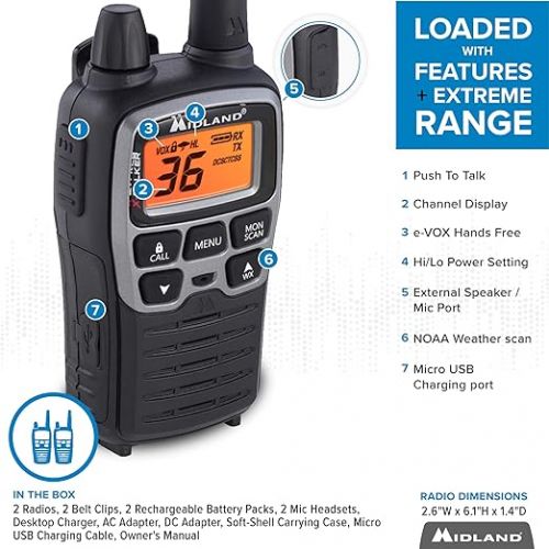  Midland T77VP5 X-TALKER Long Range Walkie-Talkie FRS Two-Way Radio for Camping Overlanding NOAA Weather Scan + Alert, 121 Privacy Codes - Includes Carrying Case & Headset Black/Silver, 2 Radio Bundle