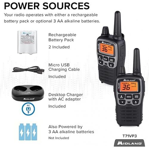  Midland® T71VP3 X-TALKER Long Range Walkie Talkie - FRS Two-Way Radio for Camping Overlanding Rock Crawling - NOAA Weather Scan - 36 Channels and 121 Privacy Codes Black/Silver 2 Pack