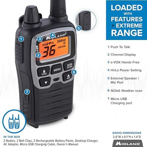  Midland® T71VP3 X-TALKER Long Range Walkie Talkie - FRS Two-Way Radio for Camping Overlanding Rock Crawling - NOAA Weather Scan - 36 Channels and 121 Privacy Codes Black/Silver 2 Pack