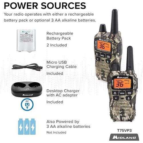  Midland - T75PV5D X-TALKER Extreme Dual Pack - 22 Channels, 121 Privacy Codes, Water Resistant - Clear Communication with Weather Alert - Carrying Case & Headset Included - Camo