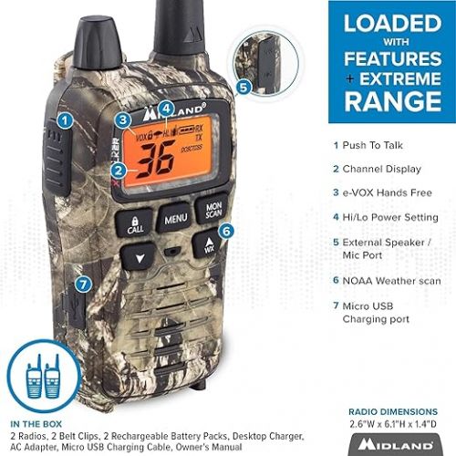  Midland - T75PV5D X-TALKER Extreme Dual Pack - 22 Channels, 121 Privacy Codes, Water Resistant - Clear Communication with Weather Alert - Carrying Case & Headset Included - Camo