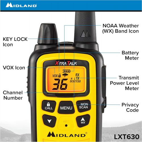  [아마존베스트]Midland - LXT630VP3, 36 Channel FRS Two-Way Radio - Up to 30 Mile Range Walkie Talkie, 121 Privacy Codes, NOAA Weather Scan + Alert (Pair Pack) (Yellow/Black)