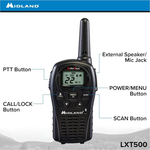  [아마존베스트]Midland - LXT500VP3, 22 Channel FRS Two-Way Radio with Channel Scan - Up to 24 Mile Range Walkie Talkie, Silent Operation, Water Resistant (Pair Pack) (Black)