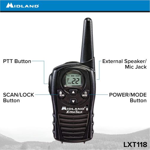  [아마존베스트]Midland - LXT118, FRS Walkie Talkies with Channel Scan - Up to 18 Mile Range Two Way Radio, Hands-Free VOX, Water Resistant (Pair Pack) (Black)