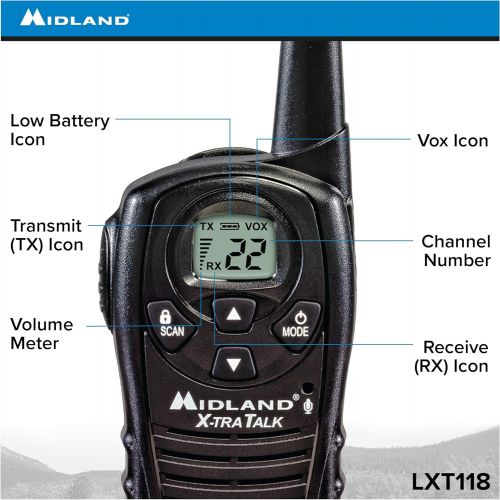  [아마존베스트]Midland - LXT118, FRS Walkie Talkies with Channel Scan - Up to 18 Mile Range Two Way Radio, Hands-Free VOX, Water Resistant (Pair Pack) (Black)